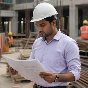 B S Creations construction engineer in a hard hat holding blueprints at a project site