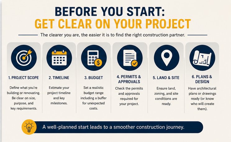 Infographic: before you start, get clear on project scope, timeline, budget, permits, land and design