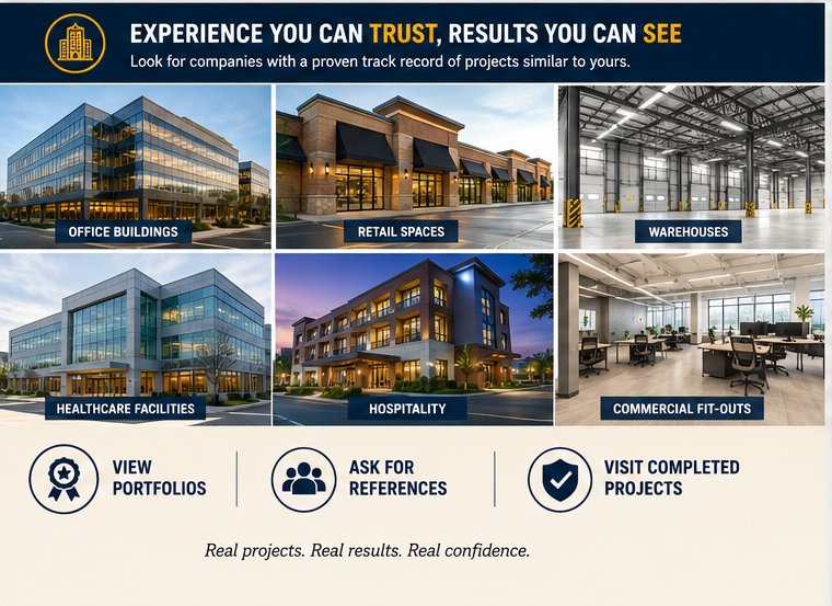 Infographic: commercial construction experience across office buildings, retail, warehouses, healthcare, hospitality and fit-outs