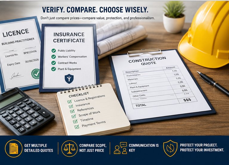 Infographic: verify, compare and choose wisely — check licences, insurance and detailed quotes before hiring a commercial contractor