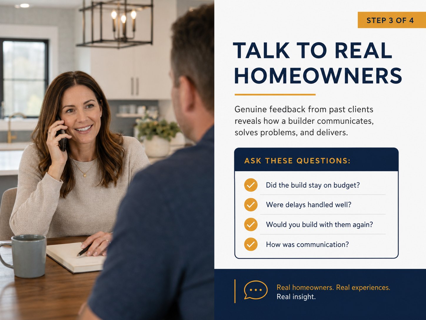 Step 3 infographic: talk to real homeowners and the questions to ask about budget, delays and communication