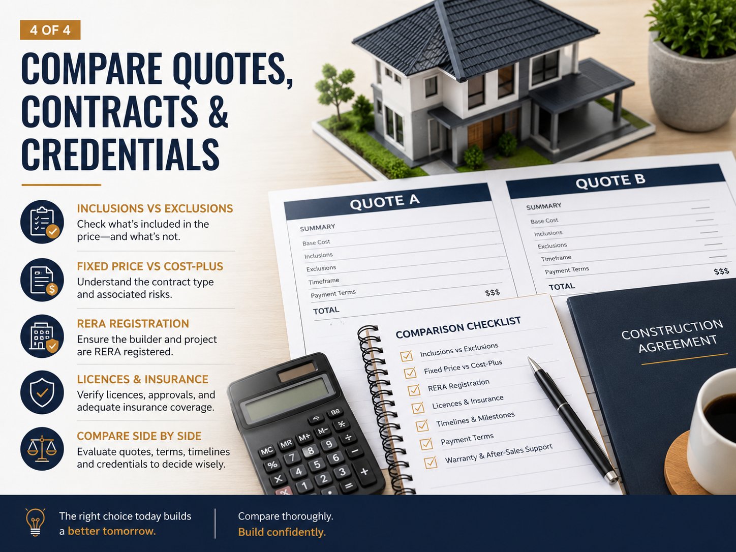 Step 4 infographic: compare quotes, contracts and credentials — inclusions, fixed price vs cost-plus, RERA, licences and insurance